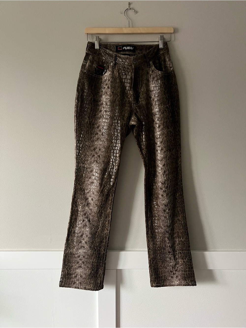 Vintage FUBU Croc Embossed Faux Leather Pants Y2K Brown 7/8